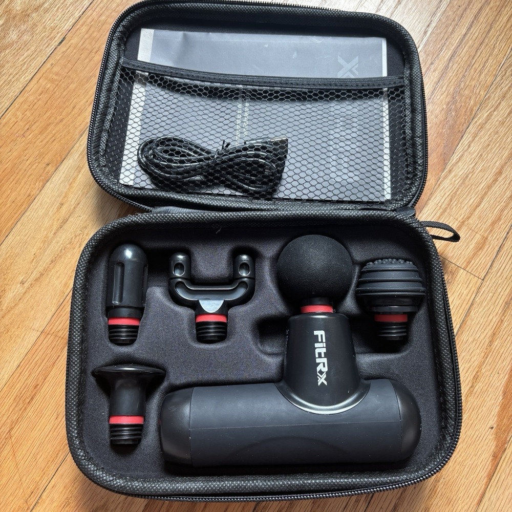 FitRx Max-Mini Handheld Cordless Massage Gun 4 Heads Carry Case Back/Neck.